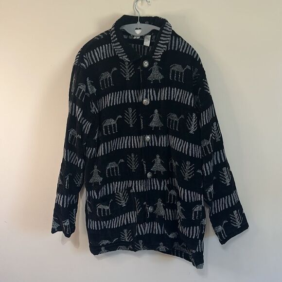 Vintage Rare Chicos Design Black/Gray Primitive Print Button Front Jacket Shirt - Picture 1 of 6